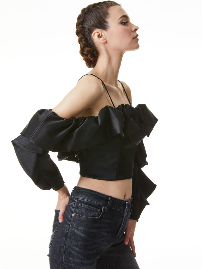 MONROW RUFFLE SLEEVE CROP TOP - BLACK