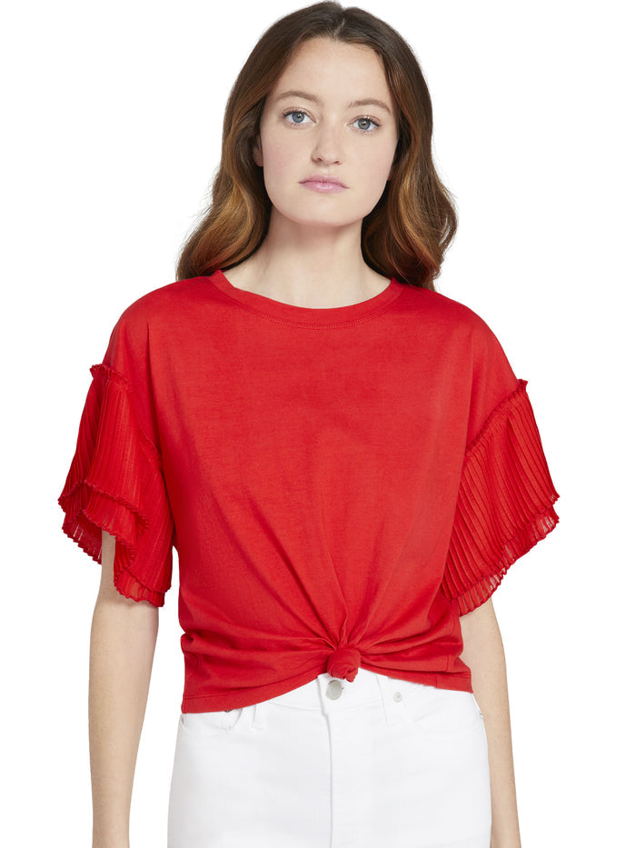 NANCI TIE FRONT PLEATED TEE - BRIGHT POPPY
