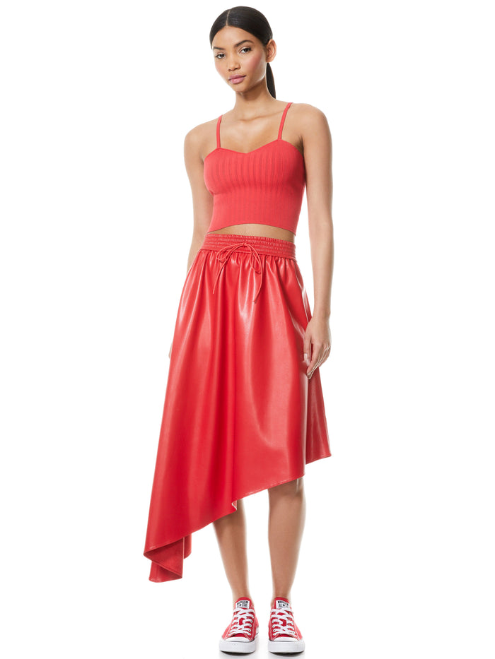NATALINA VEGAN LEATHER ASYMMETRICAL MIDI SKIRT - BRIGHT POPPY