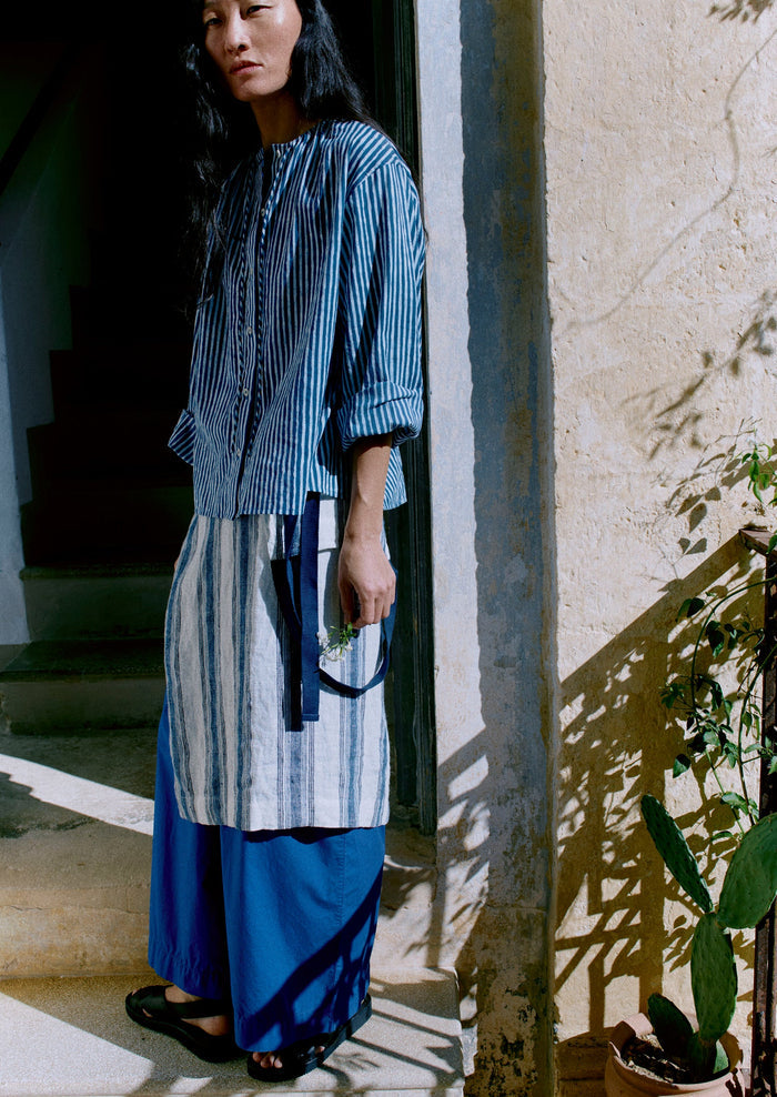 Natural Dye Stripe Cotton Gathered Top | Indigo