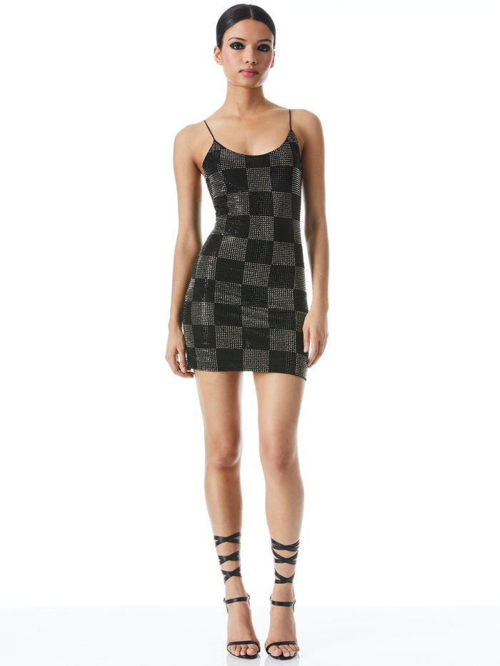 NELLE EMBELLISHED MINI DRESS - CHECKERBOARD BLACK