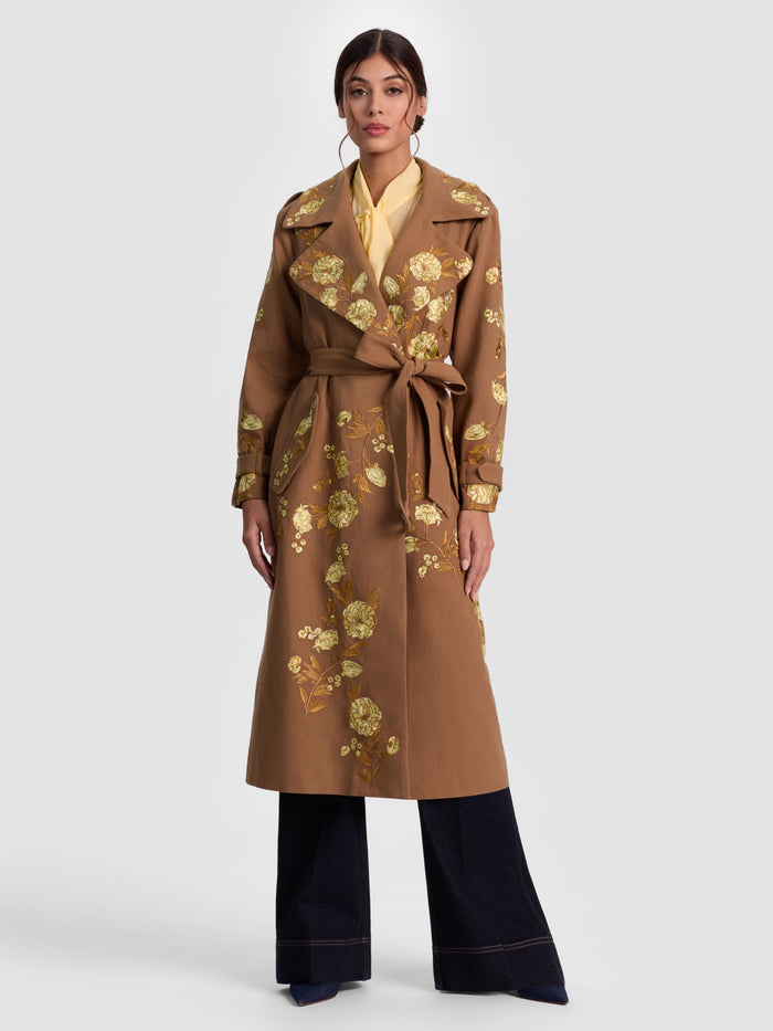 NEVADA EMBROIDERED TRENCH COAT - DEEP PECAN/MULTI