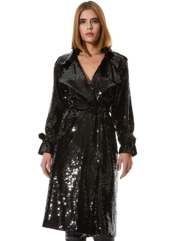 NEVADA SEQUIN EMBELLISHED TRENCH COAT - BLACK