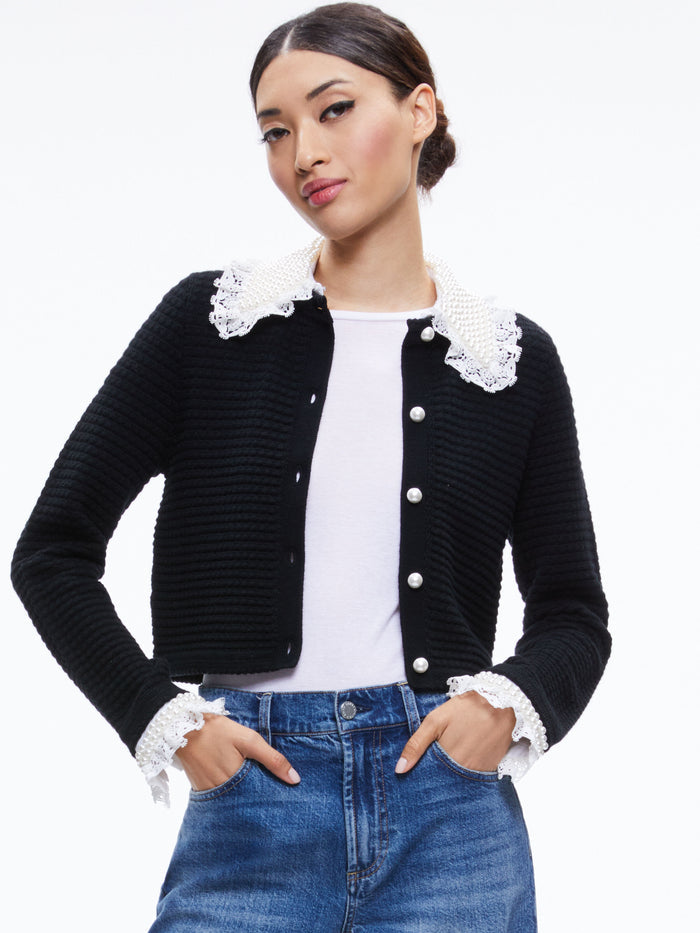NOELLA EMBELLISHED COLLARED CARDIGAN - BLACK