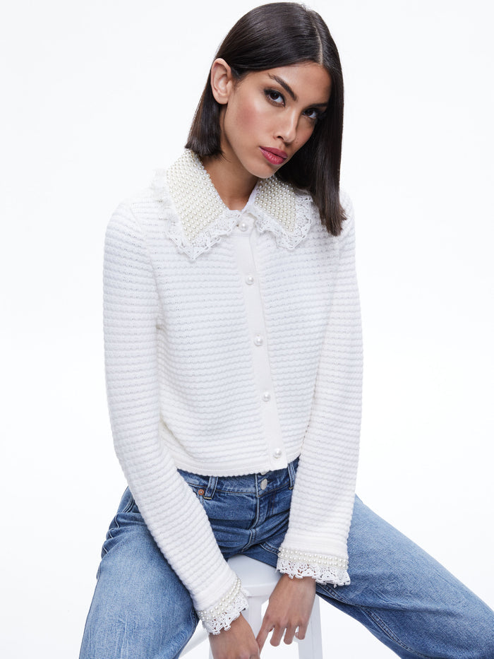 NOELLA EMBELLISHED COLLARED CARDIGAN - SOFT WHITE