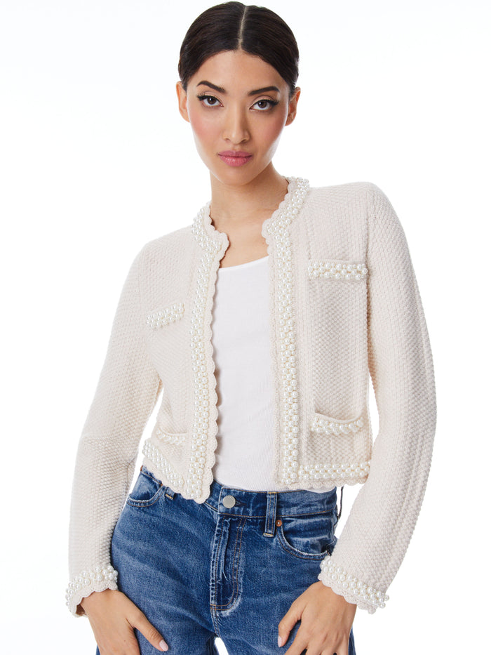 NOELLA KNIT JACKET WITH PEARLS - SAND MARL/PEARL