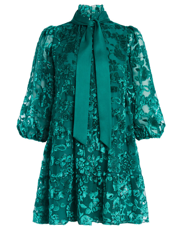 OCTAVIA TIE NECK MINI DRESS - DARK TEAL