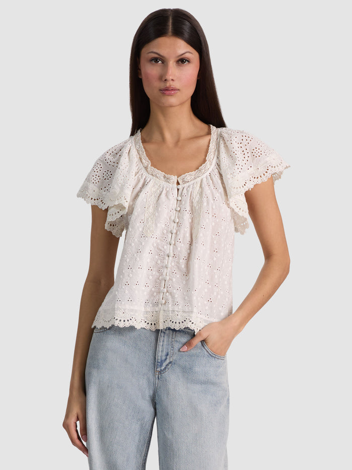 ODETTE EMBROIDERED FLUTTER SLEEVE TOP - OFF WHITE