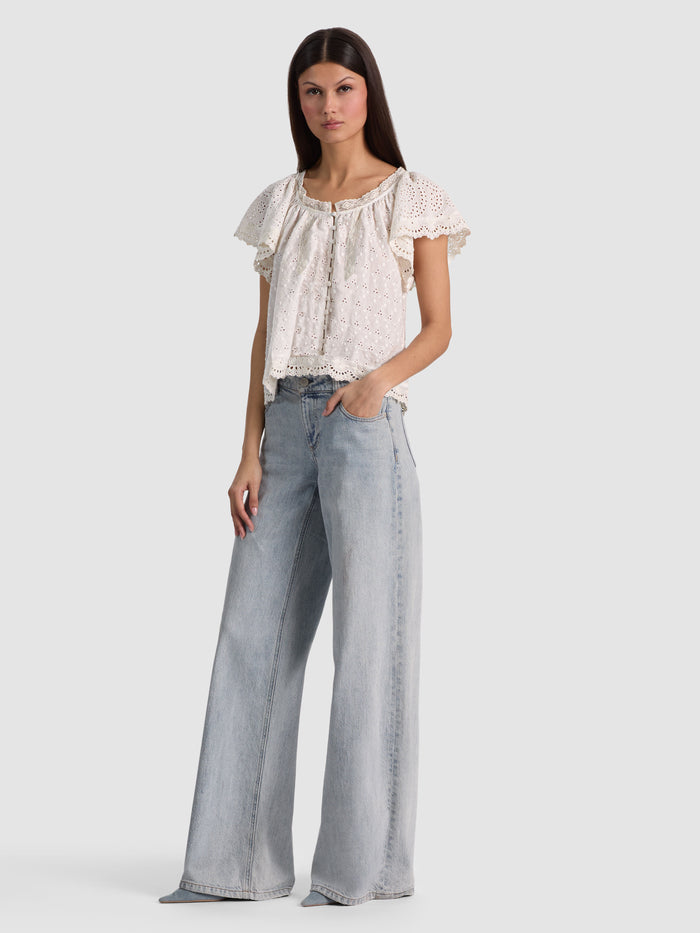 ODETTE EMBROIDERED FLUTTER SLEEVE TOP - OFF WHITE