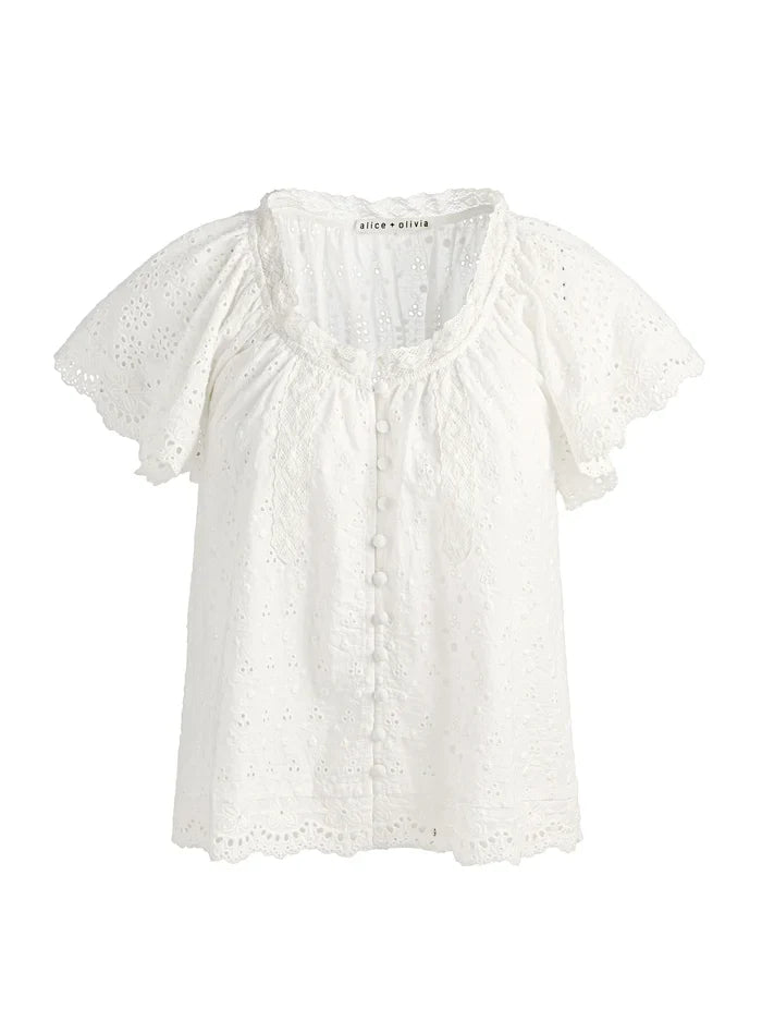 ODETTE EMBROIDERED FLUTTER SLEEVE TOP - OFF WHITE