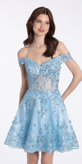 light-blue/size/4/missy/Camille La Vie/Camille La Vie Off the Shoulder Corset Fit and Flare Dress with Scallop Hem/front