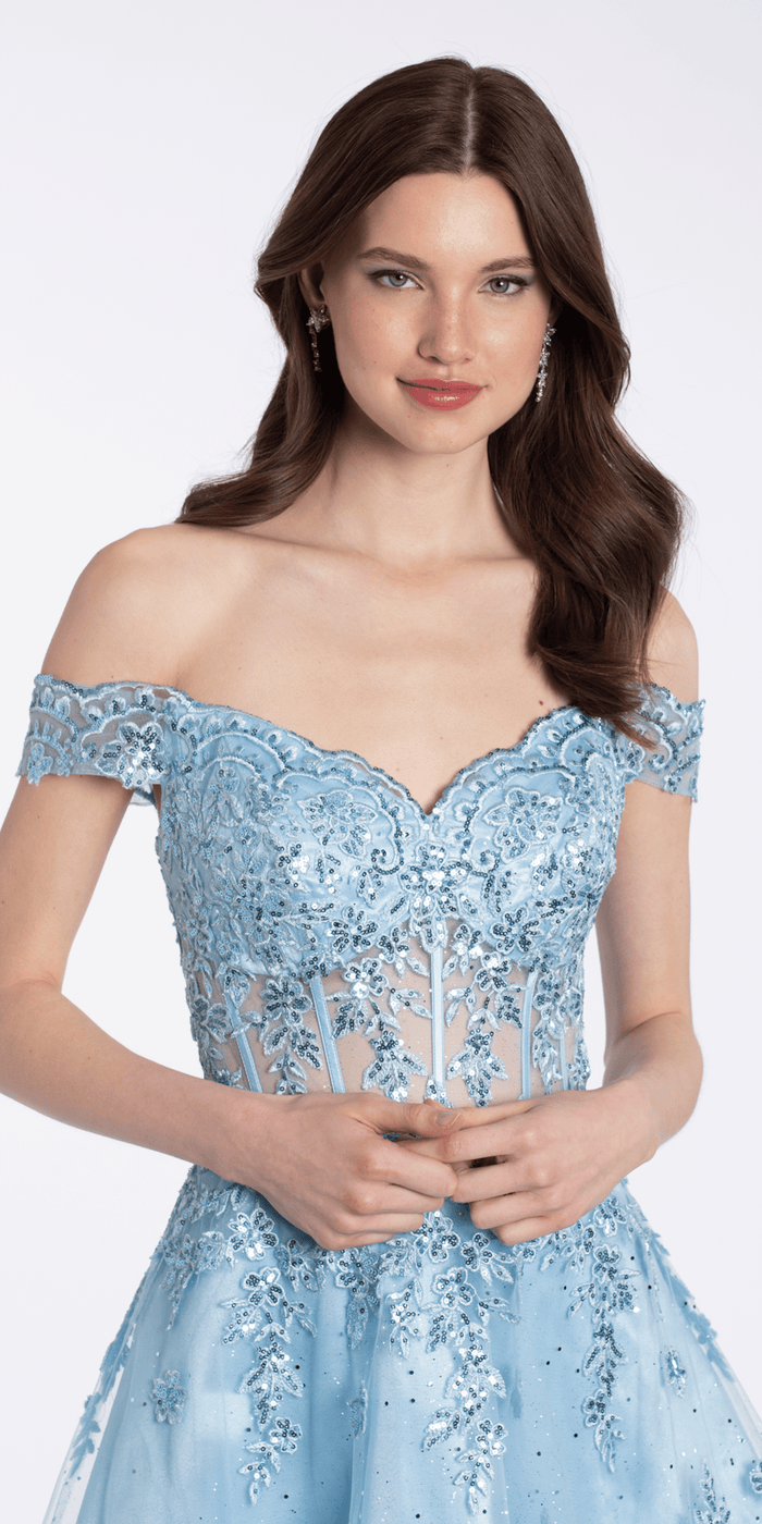 light-blue/size/4/missy/Camille La Vie/Camille La Vie Off the Shoulder Corset Fit and Flare Dress with Scallop Hem/close up