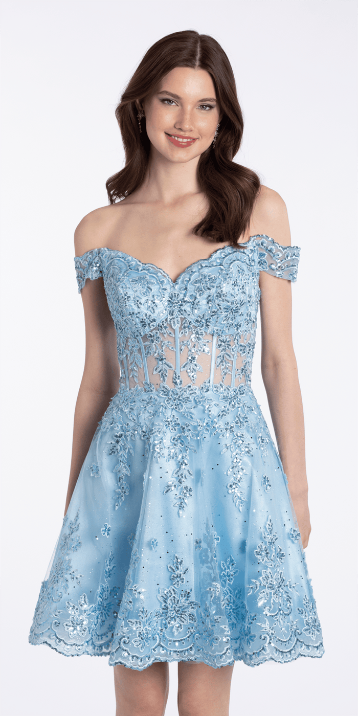 light-blue/size/4/missy/Camille La Vie/Camille La Vie Off the Shoulder Corset Fit and Flare Dress with Scallop Hem/front 2