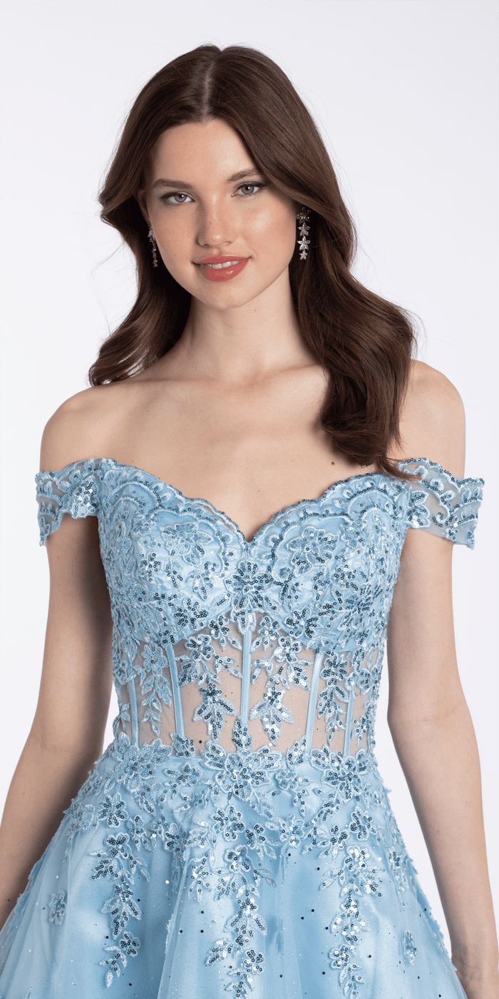 light-blue/size/4/missy/Camille La Vie/Camille La Vie Off the Shoulder Corset Fit and Flare Dress with Scallop Hem/close up alt