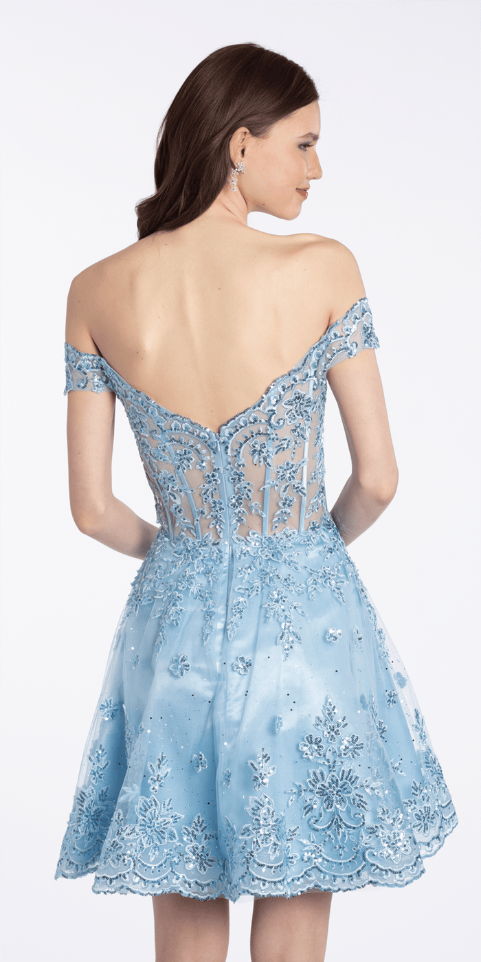 light-blue/size/4/missy/Camille La Vie/Camille La Vie Off the Shoulder Corset Fit and Flare Dress with Scallop Hem/back