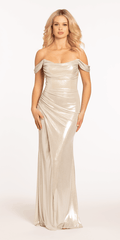 champagne/size/4/missy/Camille La Vie/Off the Shoulder Drape Neck Foil Column Dress/ front