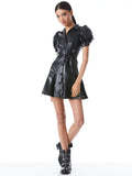 OFRA VEGAN LEATHER MINI DRESS WITH TIE BELT - BLACK