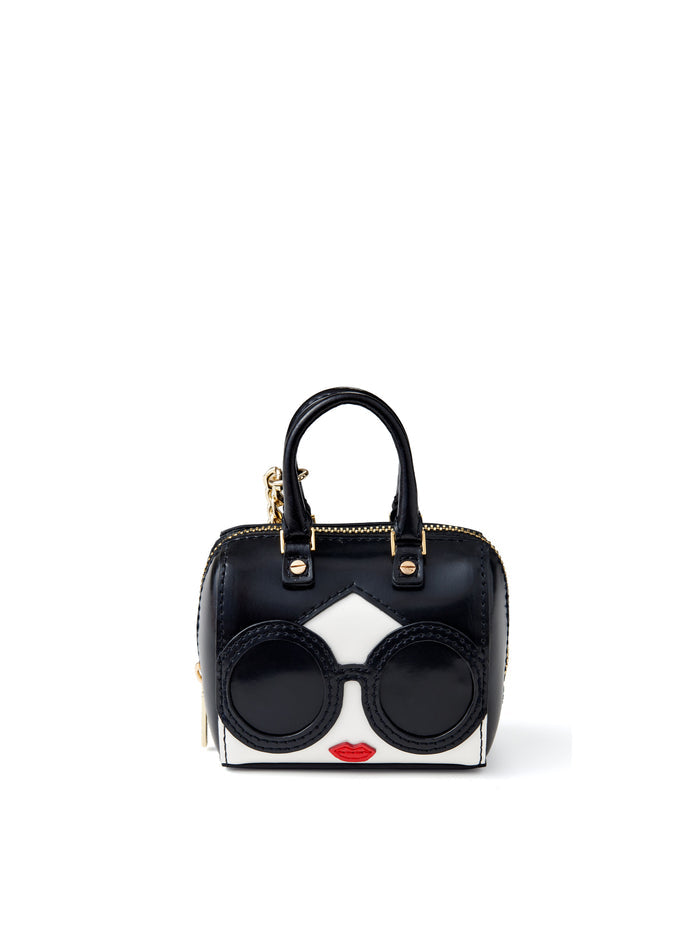 OLIVIA STACEFACE LEATHER KEY CHARM - BLACK/OFF WHITE MULTI