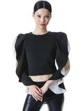 OLLIE RUFFLE SLEEVE CROP TOP - BLACK/OFF WHITE