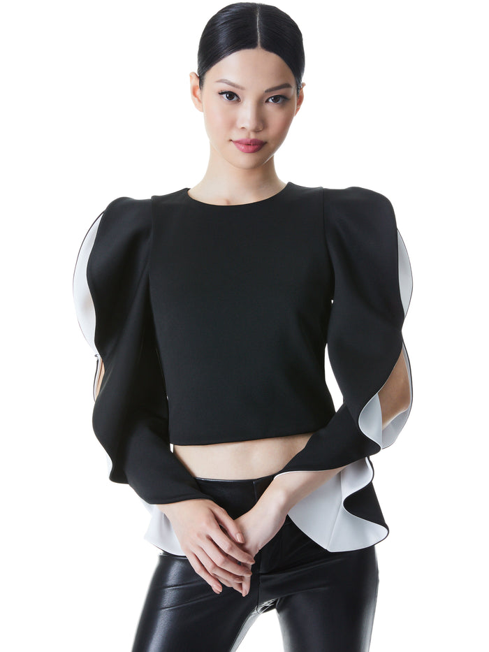 OLLIE RUFFLE SLEEVE CROP TOP - BLACK/OFF WHITE
