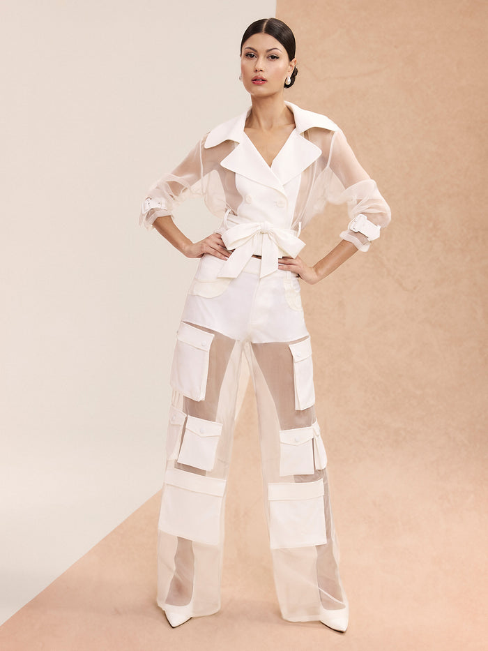 OLYMPIA SHEER COMBO CARGO PANT - OFF WHITE