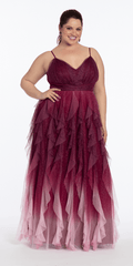 pink/size/14/plus/Camille La Vie/Ombre Glitter Mesh V Neck Ballgown with Tendrils /front