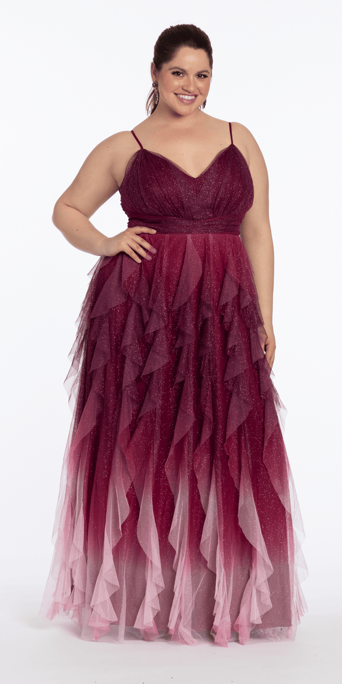 pink/size/14/plus/Camille La Vie/Ombre Glitter Mesh V Neck Ballgown with Tendrils /front