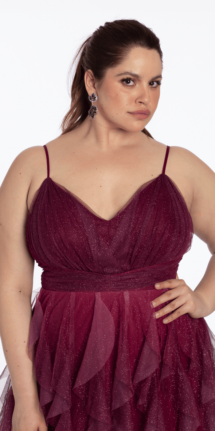 pink/size/14/plus/Camille La Vie/Ombre Glitter Mesh V Neck Ballgown with Tendrils /close up