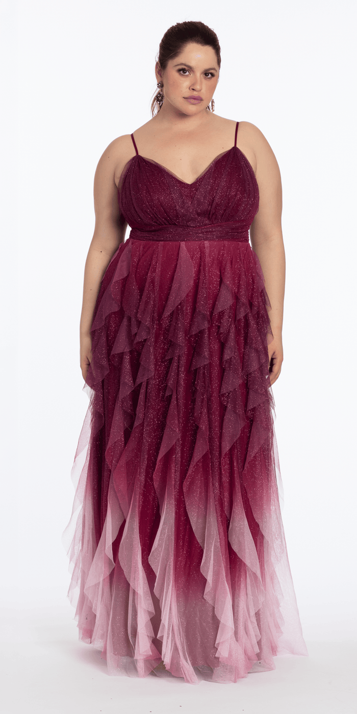 pink/size/14/plus/Camille La Vie/Ombre Glitter Mesh V Neck Ballgown with Tendrils /front alt