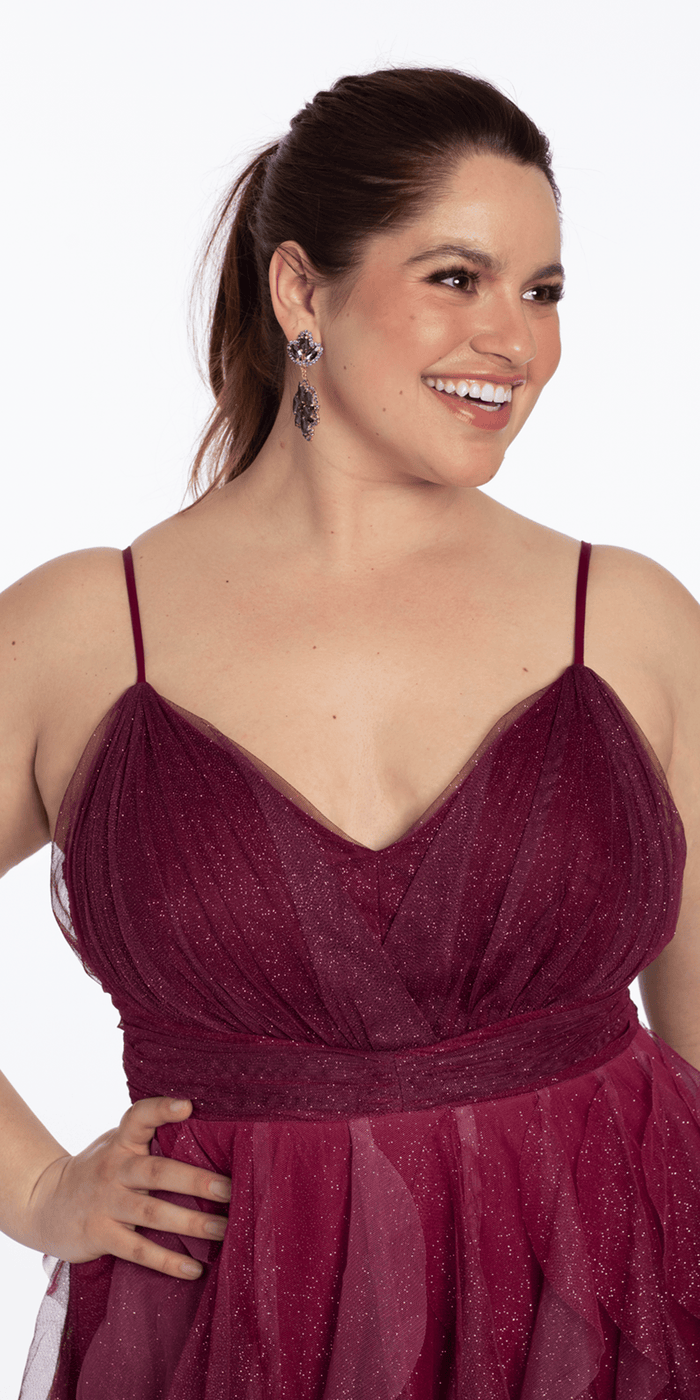 pink/size/14/plus/Camille La Vie/Ombre Glitter Mesh V Neck Ballgown with Tendrils /close up 2