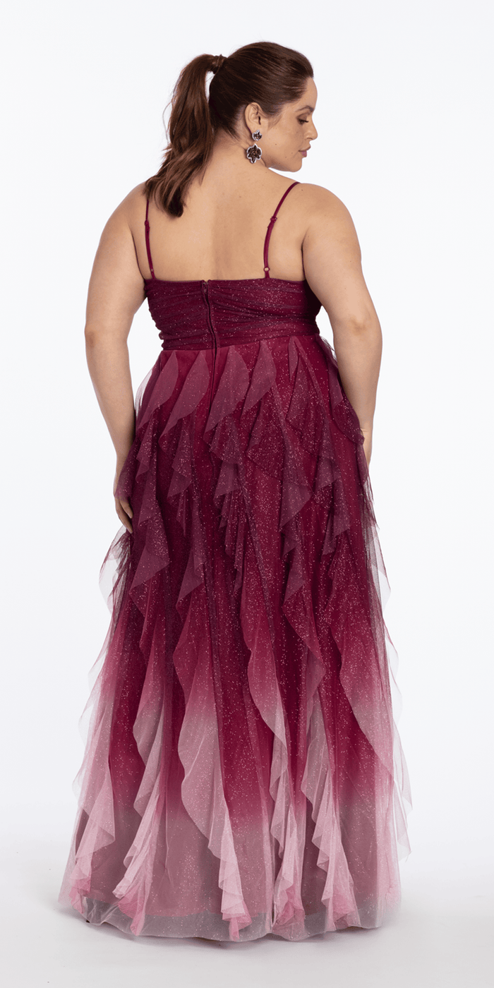 pink/size/14/plus/Camille La Vie/Ombre Glitter Mesh V Neck Ballgown with Tendrils /back