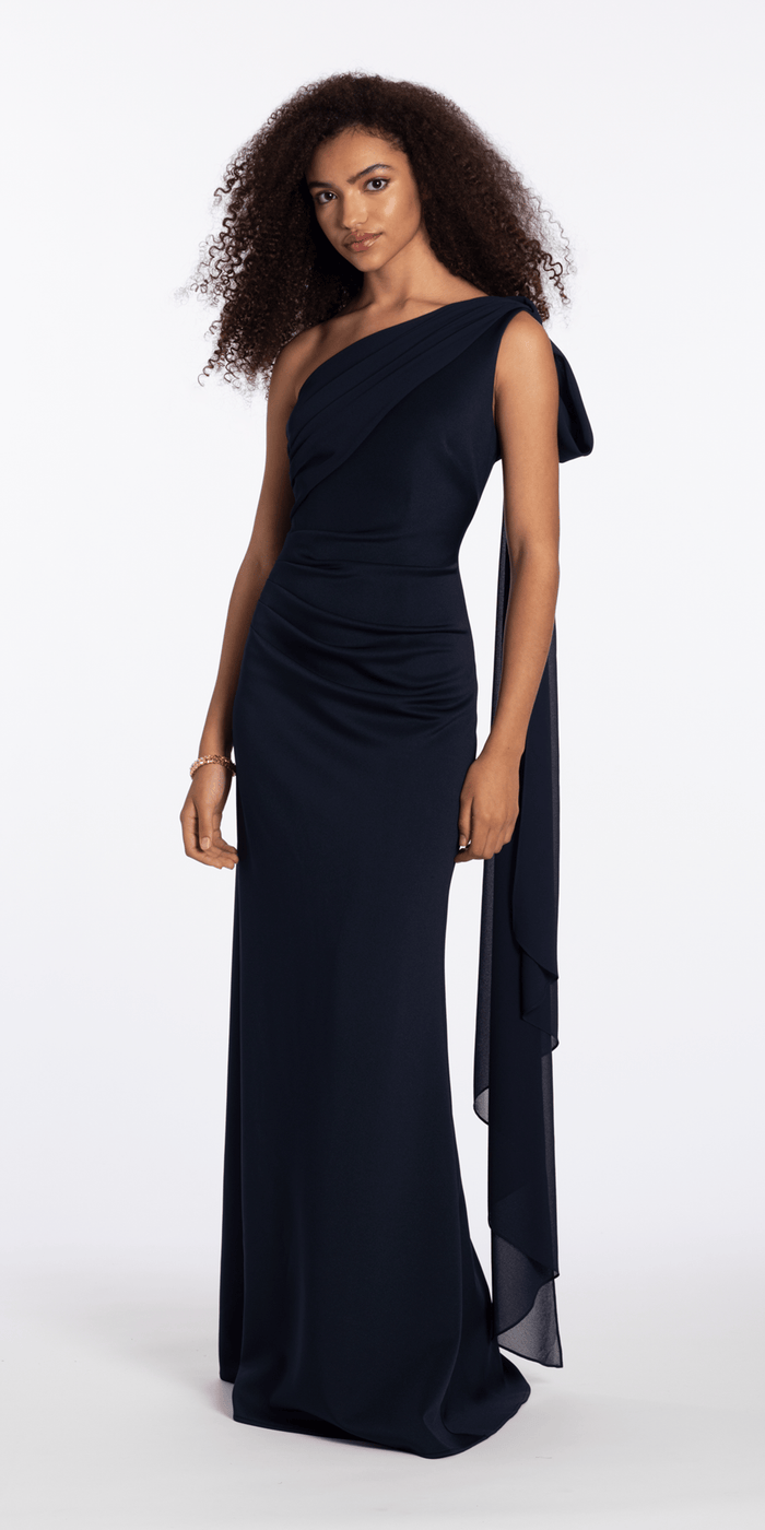navy/size/4/missy/Camille La Vie /One Shoulder Scuba Column Dress with Chiffon Drape/front