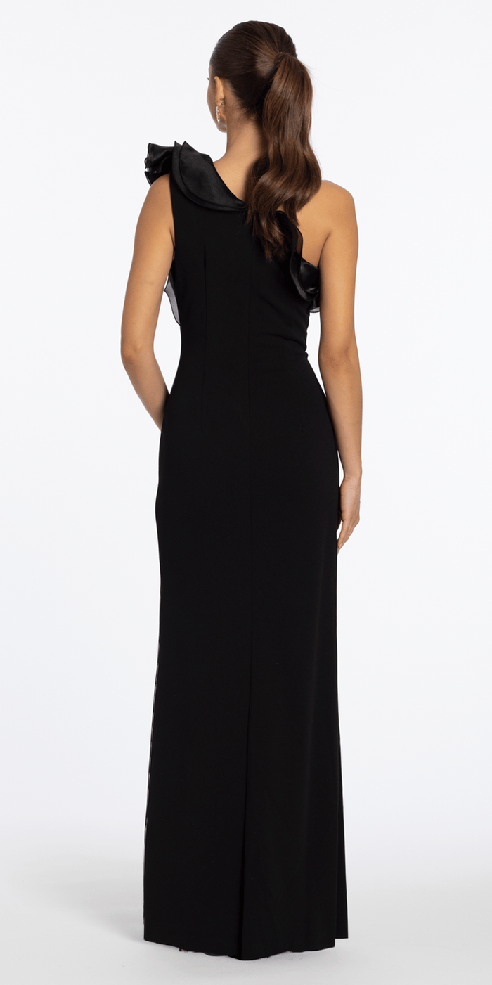 black/size/4/ missy/ Camille La Vie/One Shoulder Scuba Column Dress with Organza Ruffle/back
