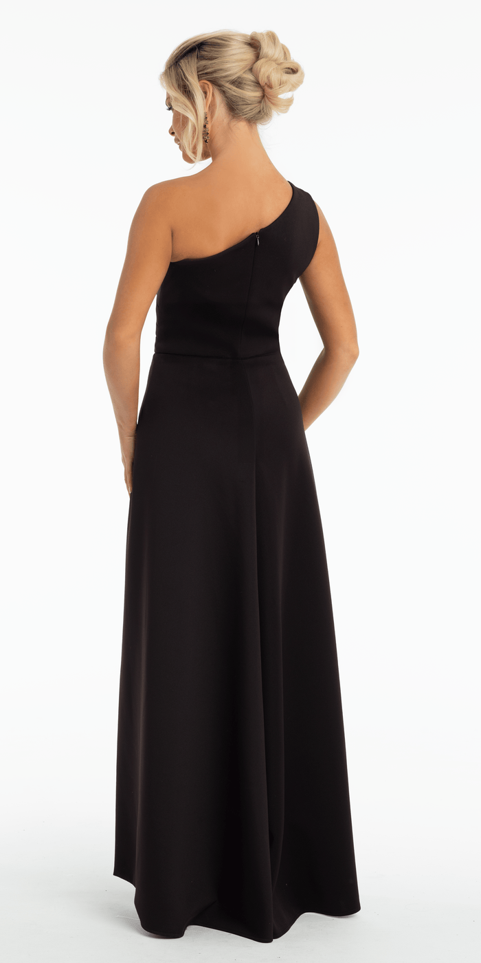 One Shoulder Scuba Column Dress with Overskirt - Camille La Vie