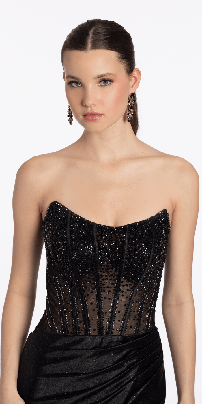 black-gunmetal/size/4/missy/Camille La Vie/Open Back Strapless Corset Shimmer Spandex Column Dress/close up
