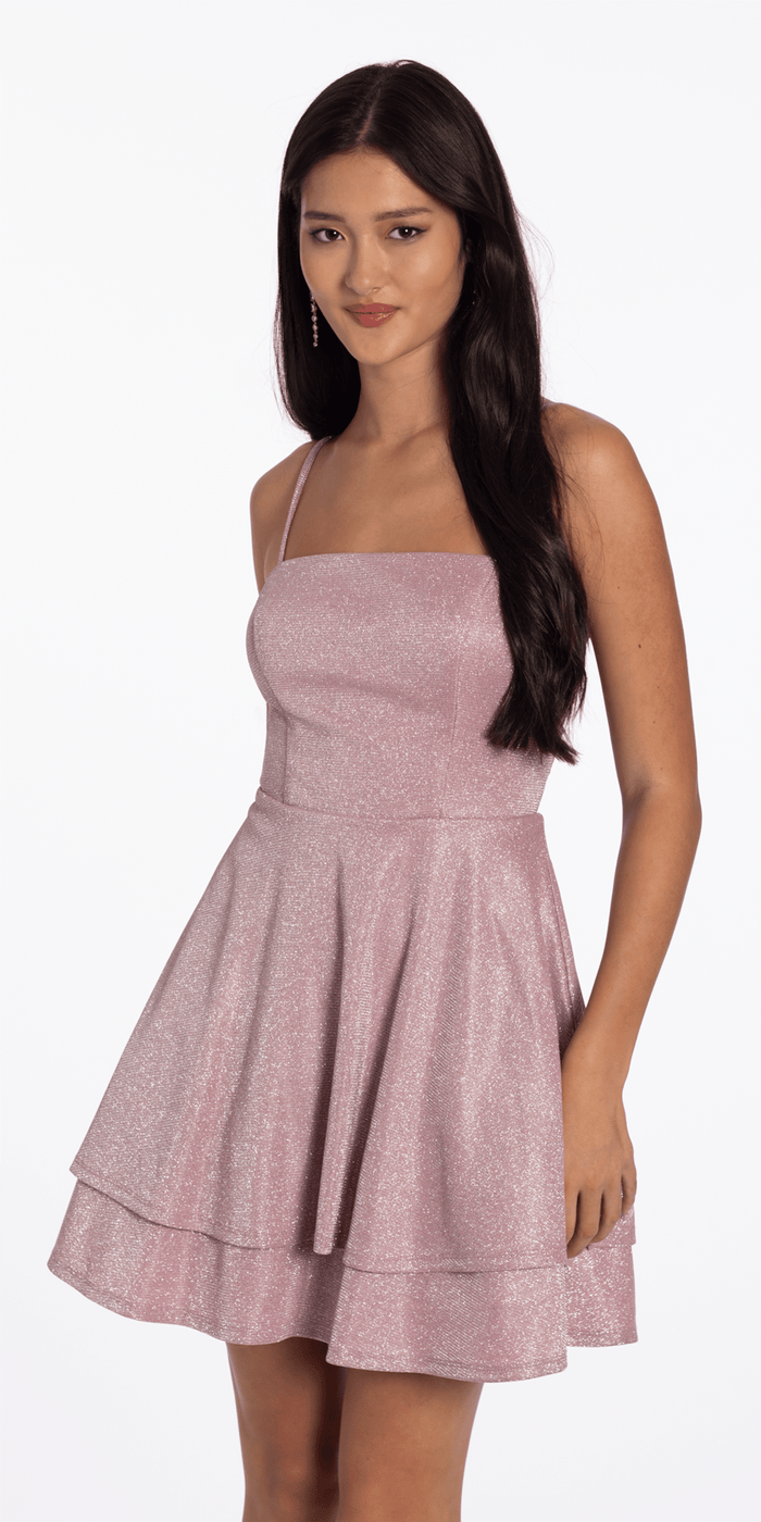 Camille La Vie Open Embroidered Back Glitter Knit Tiered Fit and Flare Dress junior / 4 / pink
