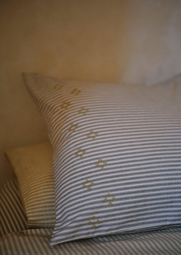 Organic Cotton Ticking Stripe Embroidered Square Pillowcase | Ecru/Graphite