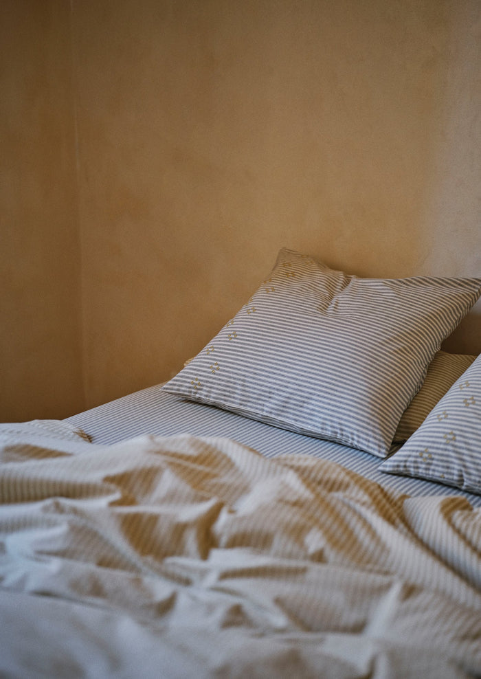 Organic Cotton Ticking Stripe Embroidered Square Pillowcase | Ecru/Graphite