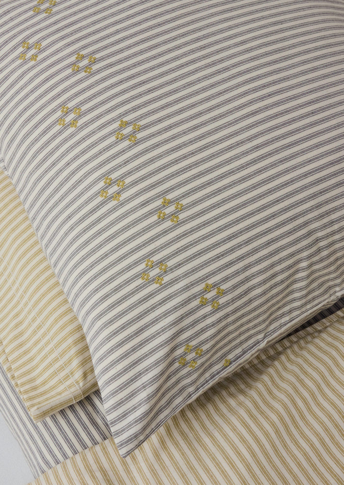 Organic Cotton Ticking Stripe Embroidered Square Pillowcase | Ecru/Graphite