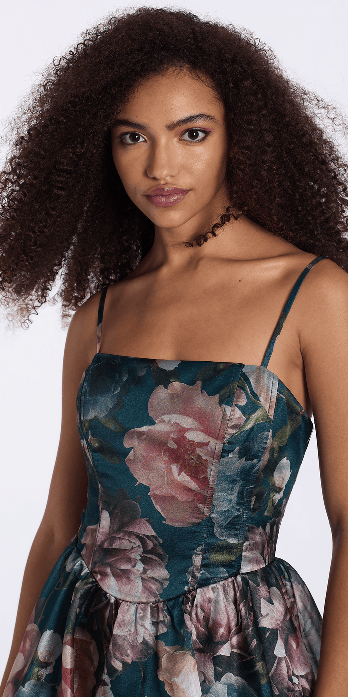 teal/size/s/missy/Camille La Vie /Organza Corset Floral Print Fit and Flare Dress/close up