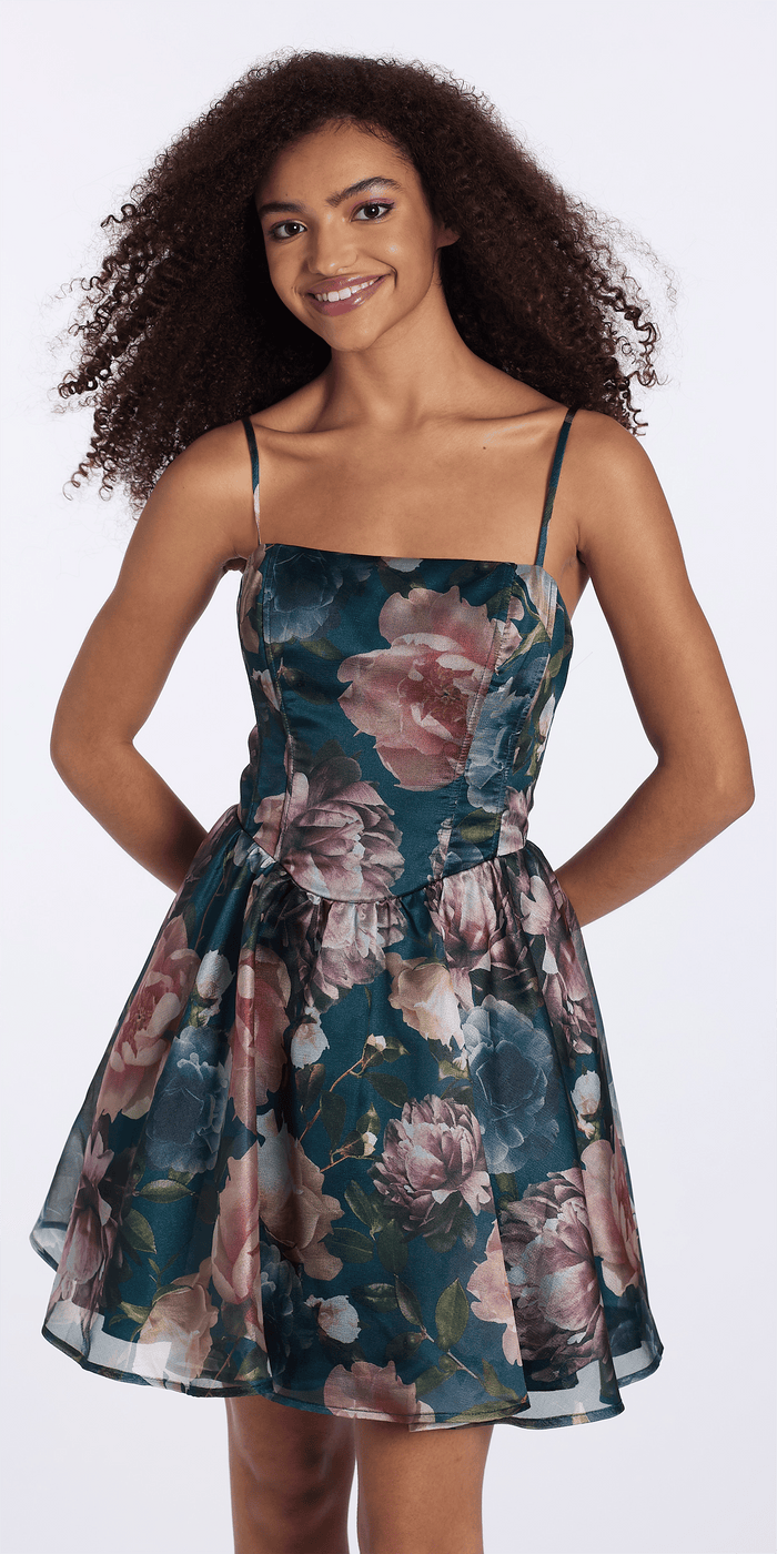 teal/size/s/missy/Camille La Vie /Organza Corset Floral Print Fit and Flare Dress/front 2