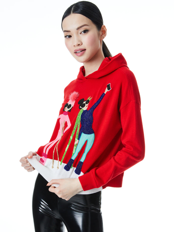 OSCAR EMROIDERED FAUX FUR HOODIE - BRIGHT POPPY/ MULTI