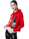 OSCAR EMROIDERED FAUX FUR HOODIE - BRIGHT POPPY/ MULTI