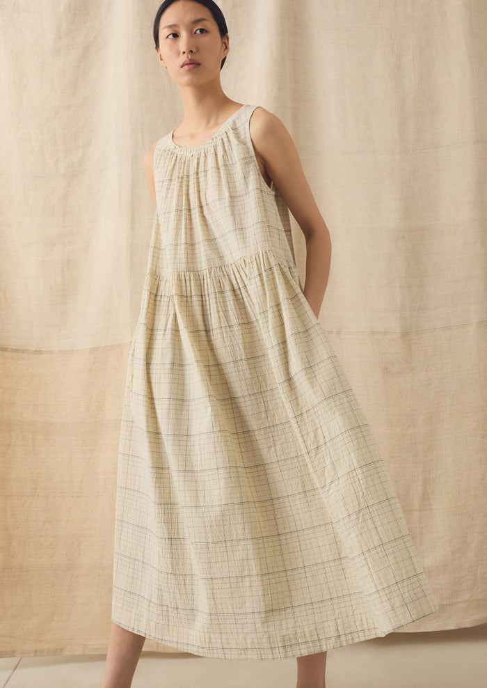 Page Check Cotton Sleeveless Dress | Ecru/Black