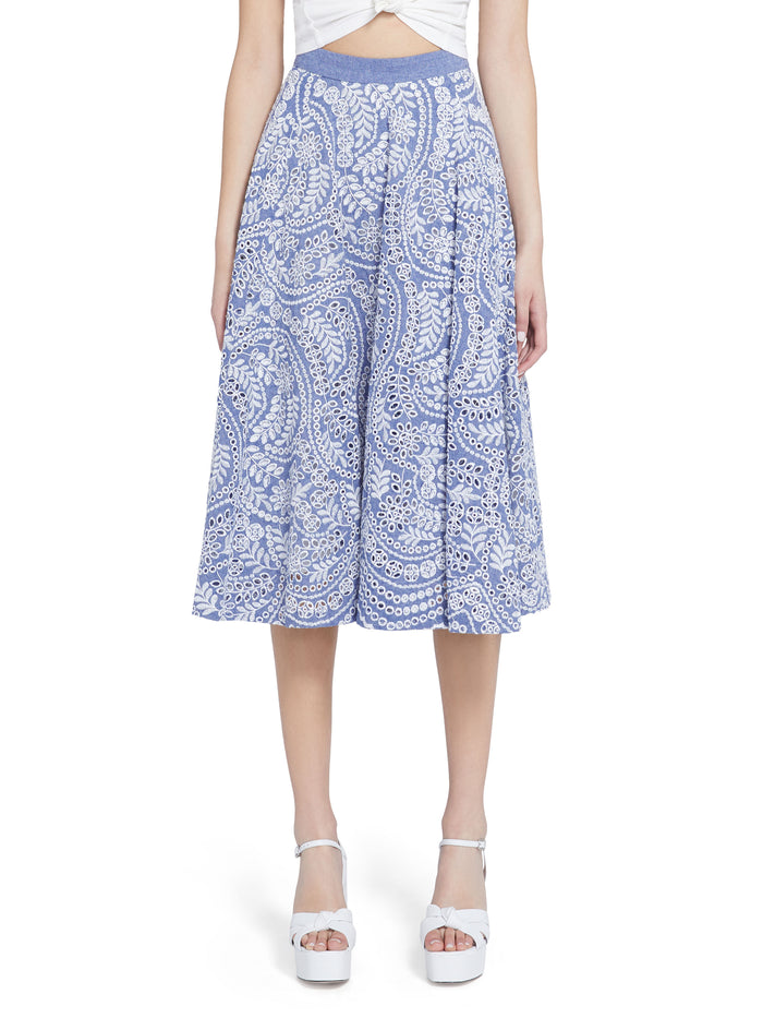 PARCELL PAISLEY FLARED MIDI SKIRT - CHAMBRAY