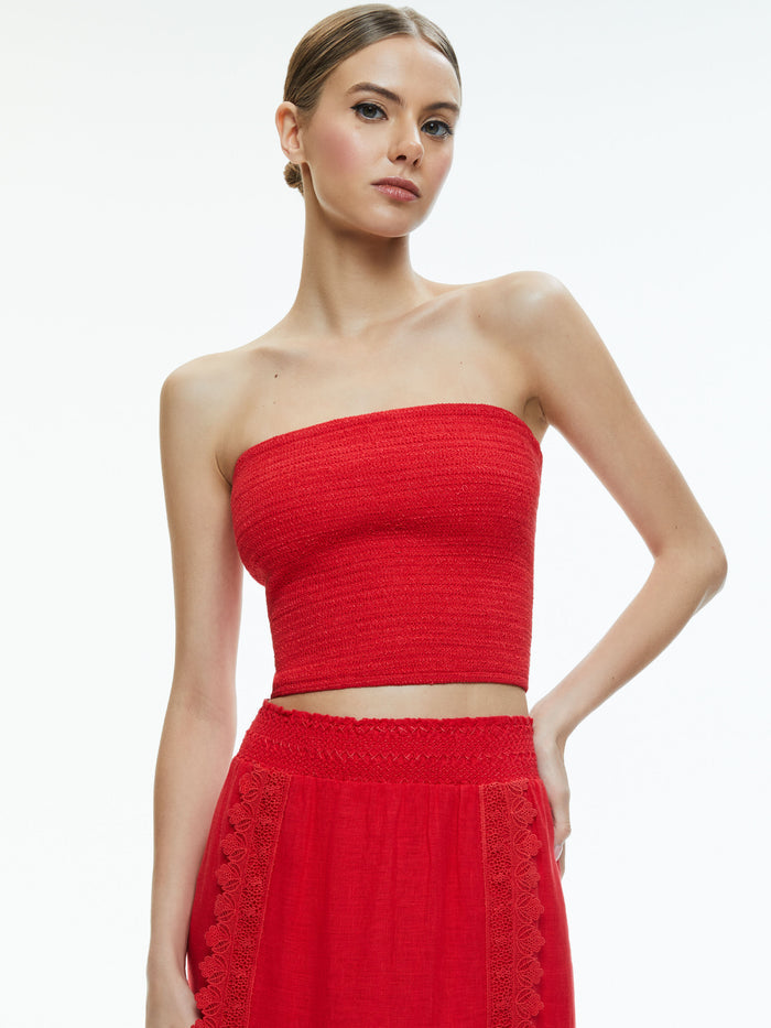 PENELOPE SMOCKED STRAPLESS CROP TOP - BRIGHT RUBY