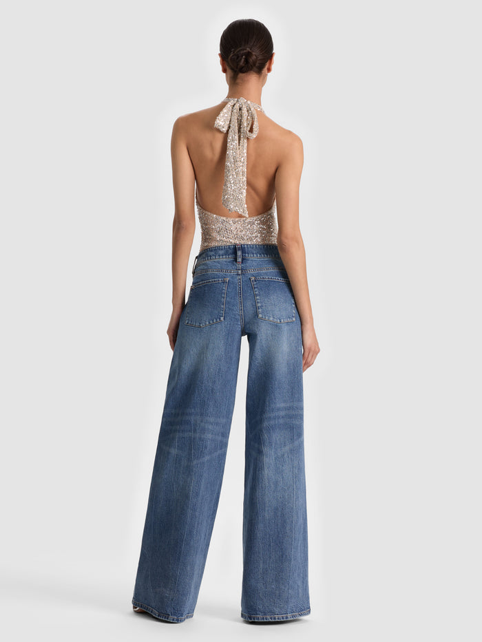 PIPPA SEQUIN BODYSUIT - ALMOND/SILVER