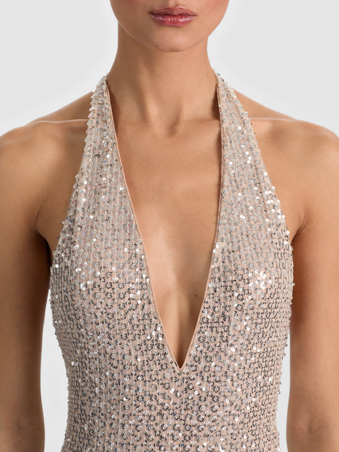 PIPPA SEQUIN BODYSUIT - ALMOND/SILVER