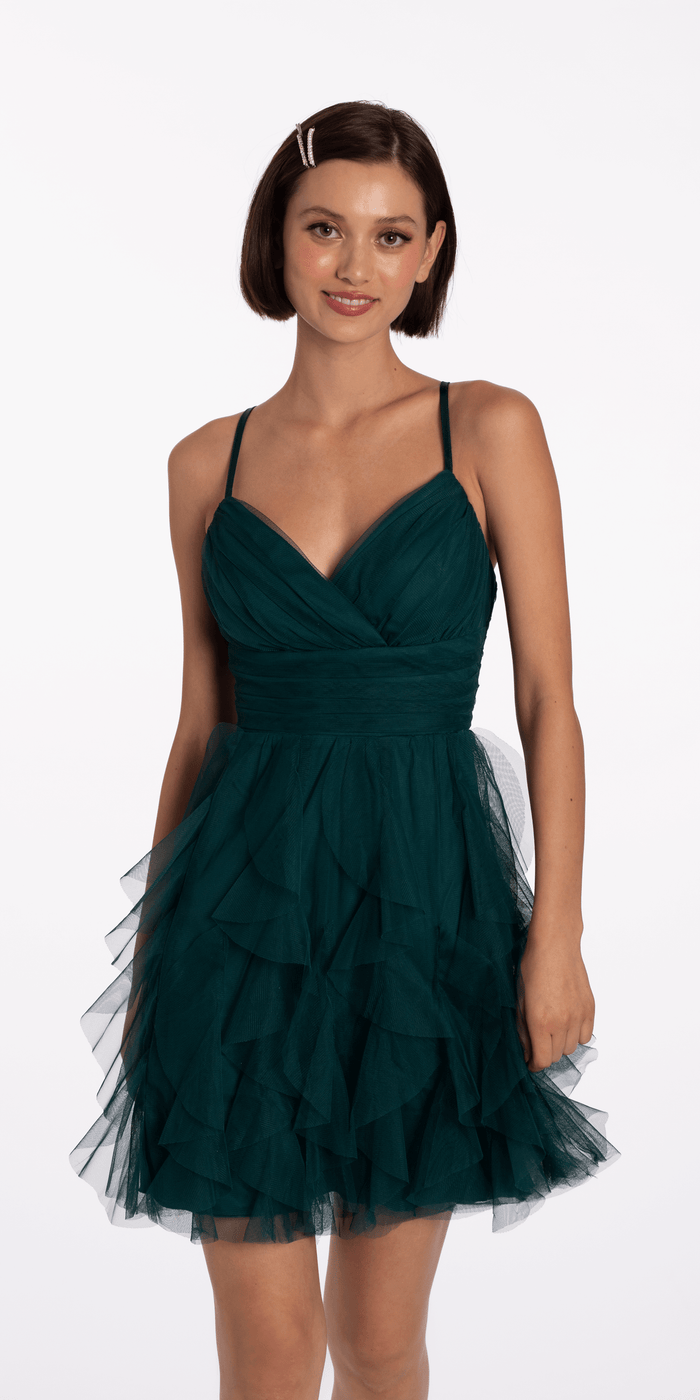 emerald/size/4/ missy/Camille La Vie/Pleated Mesh Sweetheart Lace Up Back Fit and Flare Dress/front