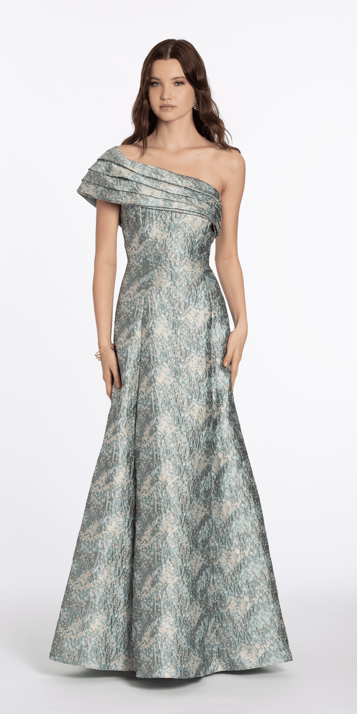 sage/size/4/missy/Camille La Vie/Pleated One Shoulder Floral Brocade A Line Dress/front